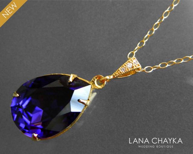 Purple Velvet Crystal Necklace Swarovski Rhinestone Violet Gold Pendant Deep Purple Teardrop