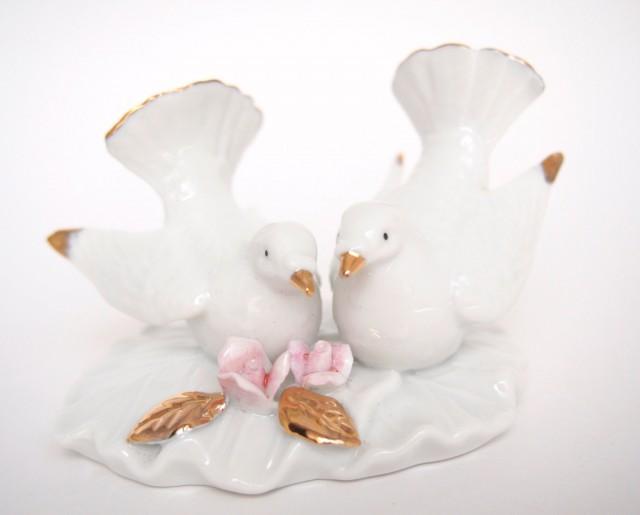 Vintage Lefton White Love Birds Wedding Cake Topper With Gold, Fine
