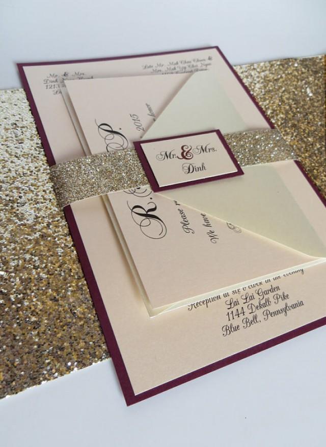 Burgundy Wedding Invitation With Glitter Ribbon Belly Band, Glitter