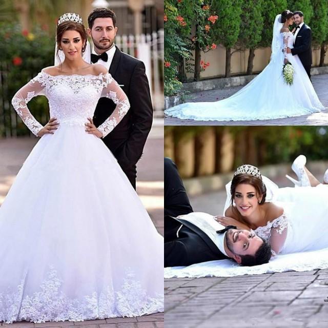 Classical Long Sleeves Lace A Line Wedding Dresses Off Shoulder Appliques Beads Court Train