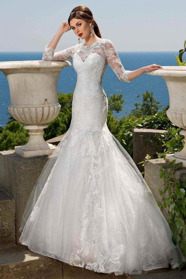 Stunning 34 Long Sleeve Mermaid Wedding Dresses Sheer Illusion Full Lace Applique Train Hollow 