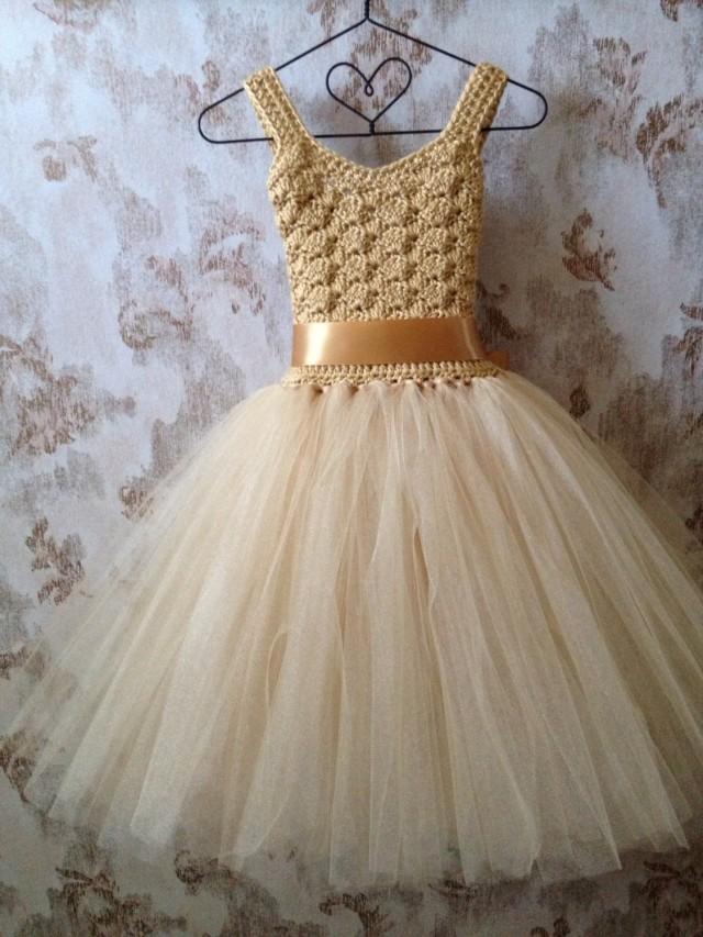Gold Flower Girl Tutu Dress, Ankle Length Tutu Dress, Boho Crochet Tutu