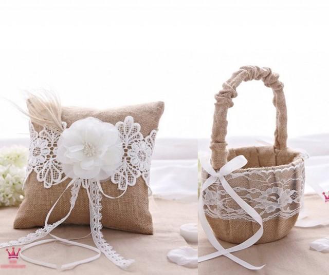 Burlap Lace Rustic Wedding Ring Bearer Pillow & Flower Girl Basket Set