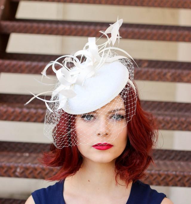 Fascinator, White Fascinator With Veil, Womens Tea Party Hat, Church