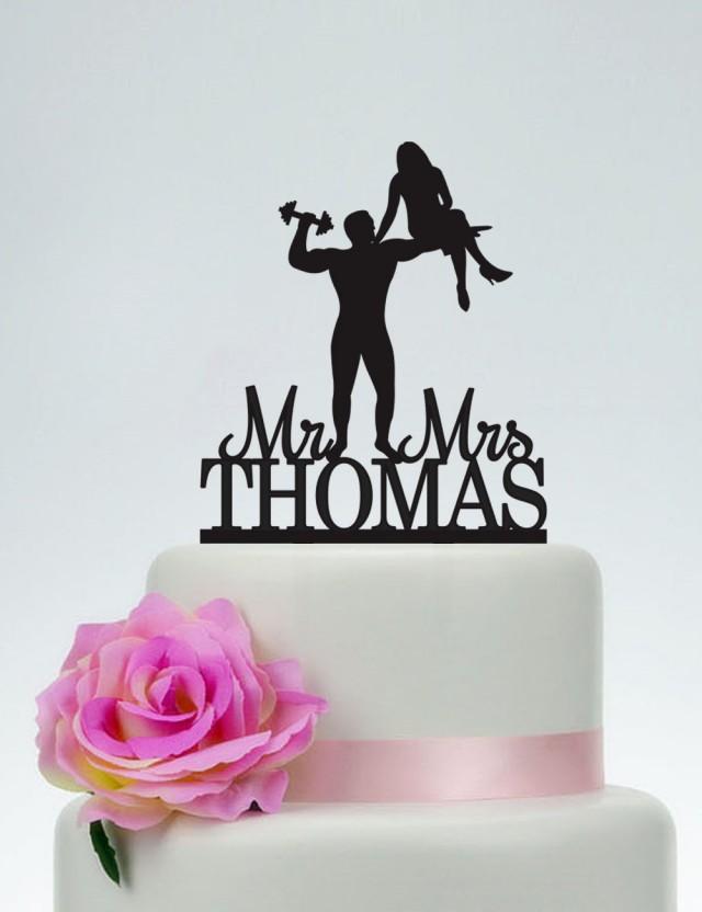 Muscle Man And Beauty Silhouette Wedding Cake Topper Custom Cake Topper With Surname Mr And Mrs
