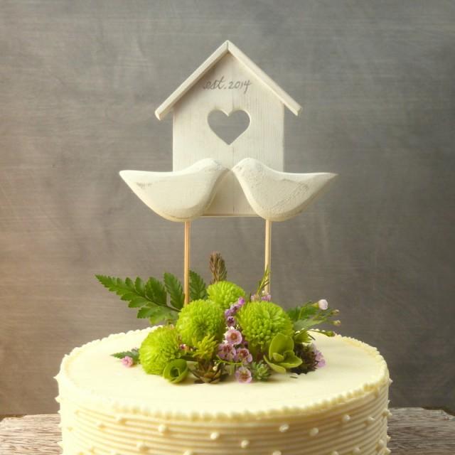 Wood Birdhouse Topper, Wooden Wedding Decor, White Cake Topper, Bird