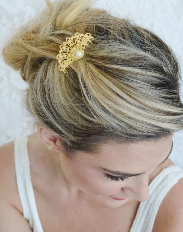 Gold Hair Comb Pearl Hair Comb Bridal Hair Accessories Gold Fan