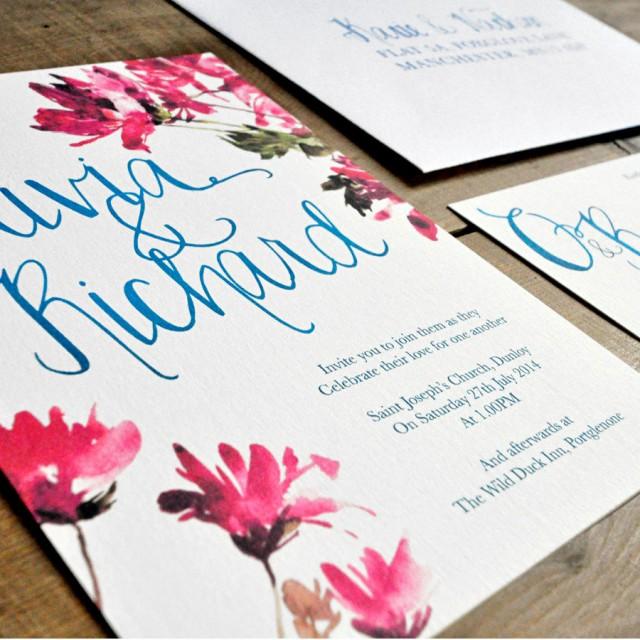 Hand Lettered Watercolour Wedding Invitation Set On Luxury Card &amp; Save