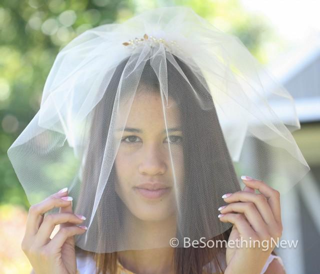 Birdcage Wedding Veil With Wired Pearls And Gold Leaf Comb, Wedding
