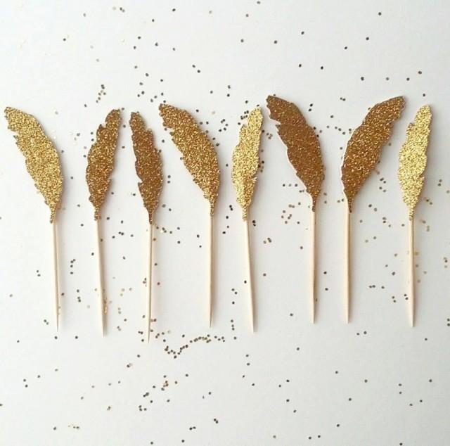 Gold Feather Cupcake Toppers Glitter Paper Feather Decor Aztec Boho