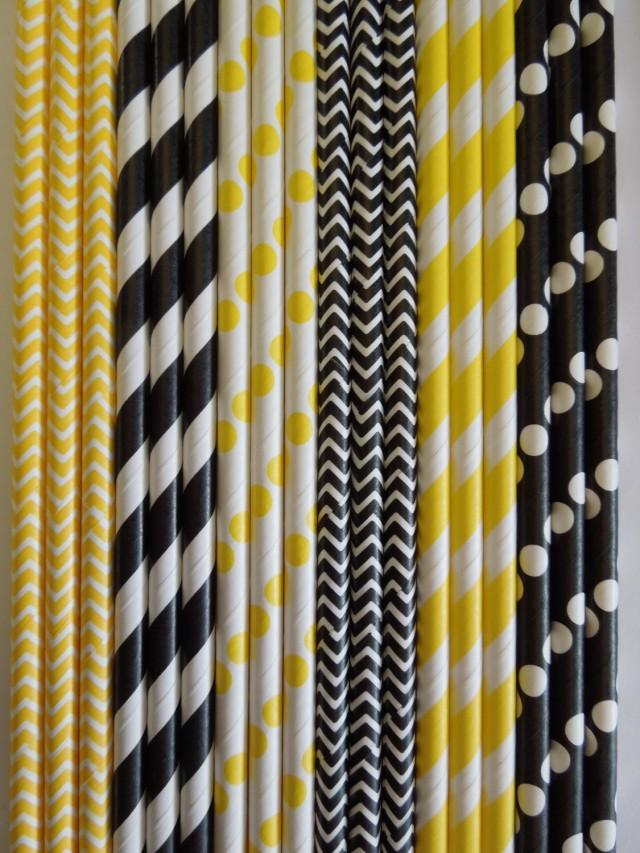 50 Black And Yellow BUMBLE BEE Paper Straws,Black Stripes Straws,Yellow Wedding,Bee Kids