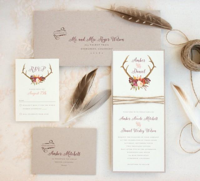 Rustic Antler Wedding Invitation Suite With Twine Wrap - Marsala Boho