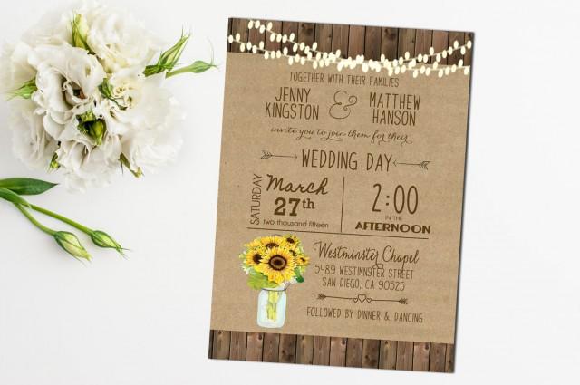 Sunflower Wedding Invitation Mason Jar Rustic Sunflower Printable