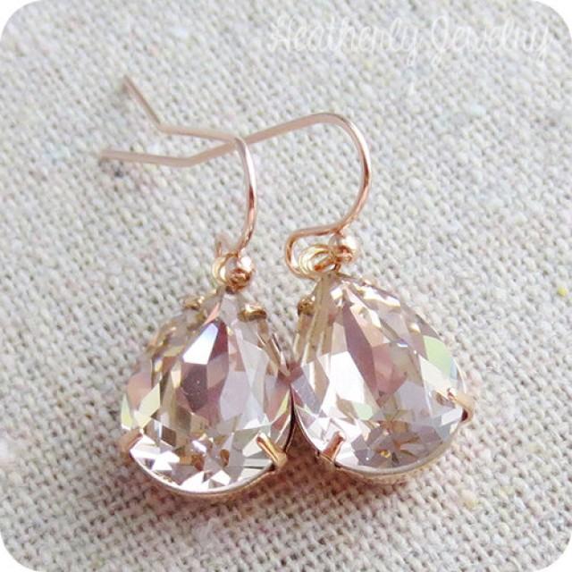 Swarovski Crystal Blush Pink Teardrop Simple Delicate Dangling Rose Gold Bridal Earrings Wedding