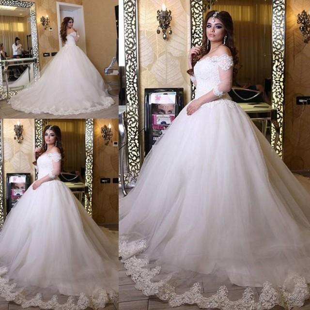Charming Lace Applique Edge 3/4 Long Sleeve Wedding Dresses Train 2016