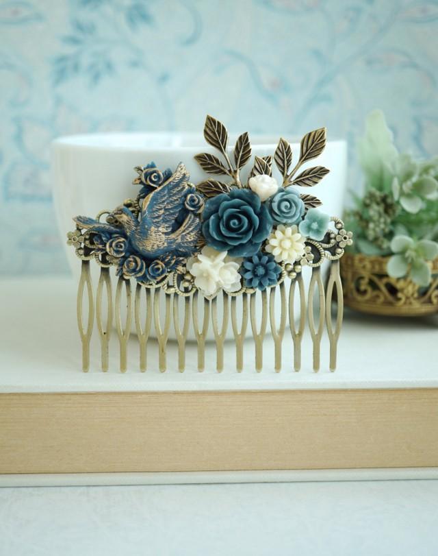 Blue flower large gold comb Crystal hair comb, Bridal hair piece Wedding hair comb Bridesmaid comb Something blue Wedding hair piece