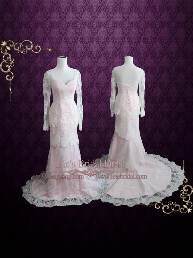 Pearl Pink Tiered Lace Wedding Dress With Long Sleeves 2493218 Weddbook 8820