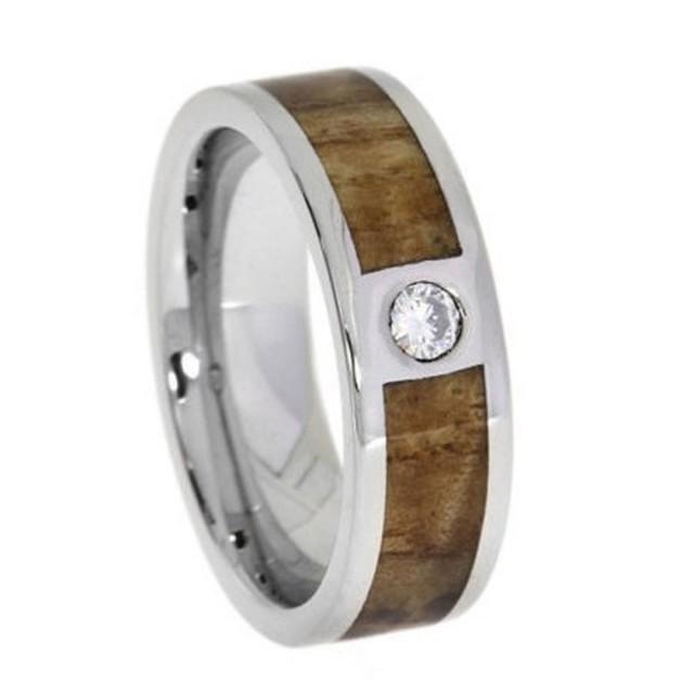 Hawaiian Koa Wood Ring Titanium Set With 2mm Stone Mens Wedding Band Or