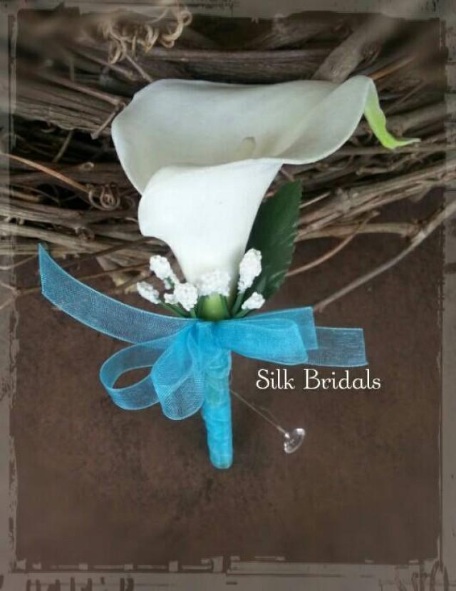 White Calla Lily Boutonniere Malibu Blue Turquoise Groom Groomsman Bridal Silk Wedding Flowers 9391
