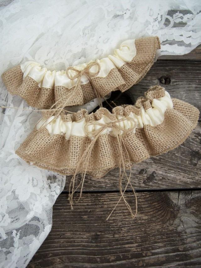 Natural Burlap Wedding Garter Set/Wedding Bridal Garter Set/Wedding Rustic Garter Set/Ivory