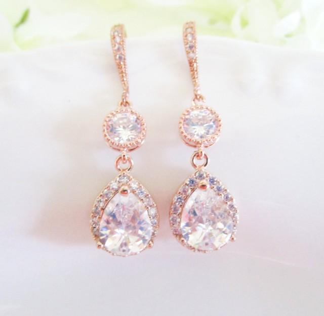 Cubic Zirconia Teardrop Earrings Rose Gold Bridal Earrings Rose Gold