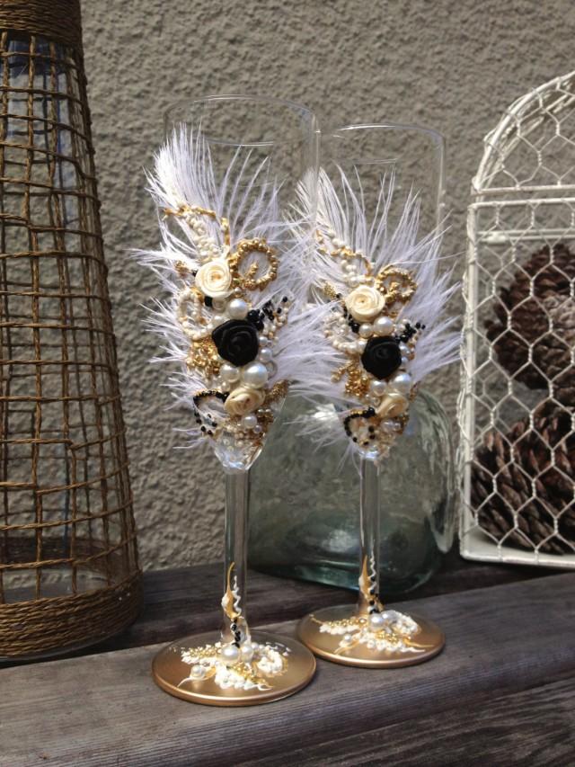 Great Gatsby Wedding Champagne Glasses With Ostrich Feathers In