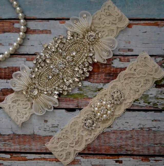 Wedding Garter, Elegant Wedding Garter Set, Rhinestone & Pearl Garter