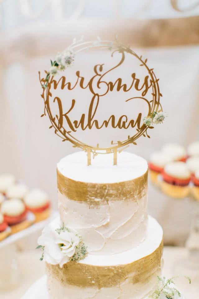Laser Cut Rustic Mr. And Mrs. Gold Wreath Wedding Cake Topper - (ONE) 8" - 10" Wood Wedding Cake ...
