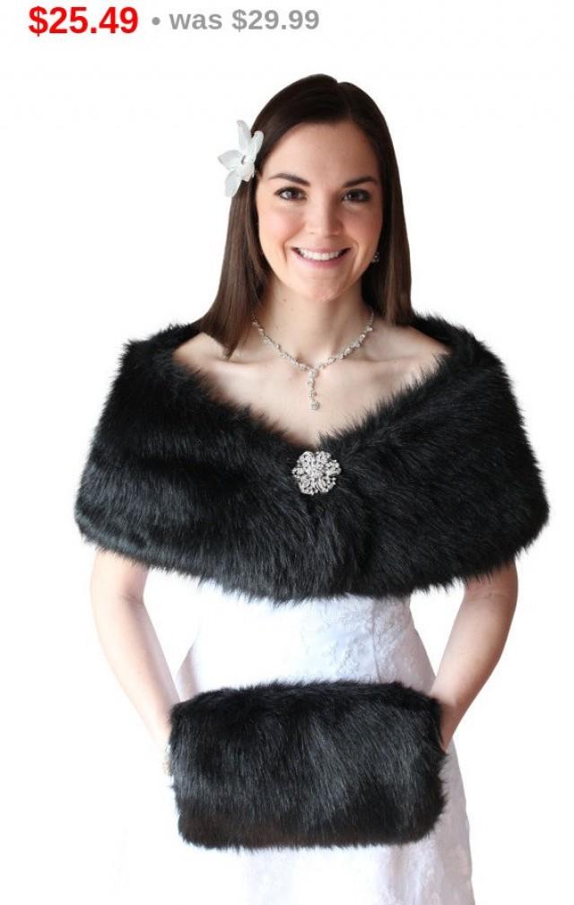 Mother Day Sale Bridal Shrug, Black Faux Fur Wrap, Fur Stole, Bridal