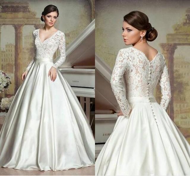 Long Sleeve A-Line Wedding Dresses Deep V Neck Chapel Train Satin