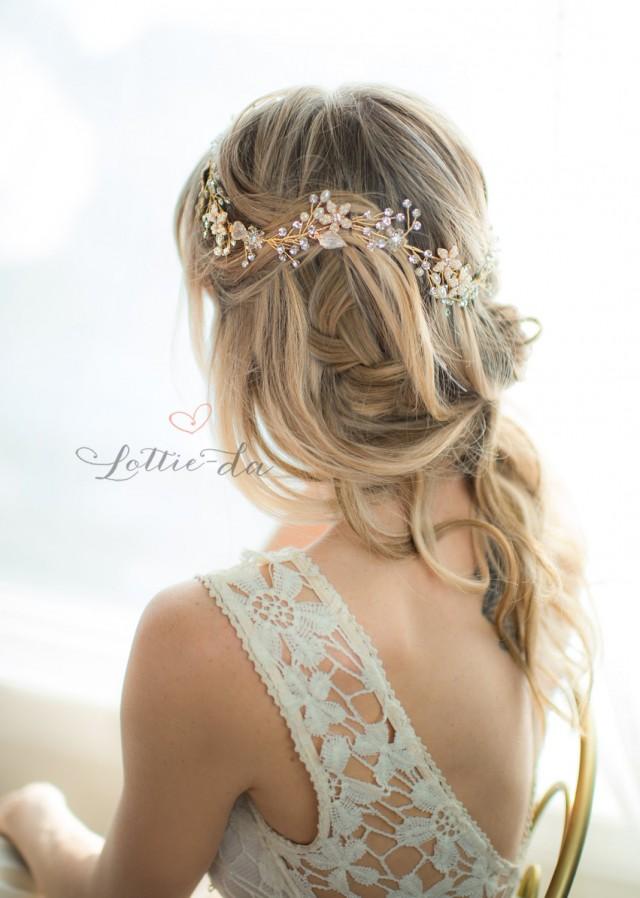 Gold Boho Flower Crown Wedding Headpiece Bridal Hair Vine Hair Wreath