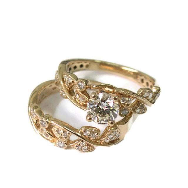 Leaves Engagement Set Yellow Gold 14k, Wedding Set, Antique Ring