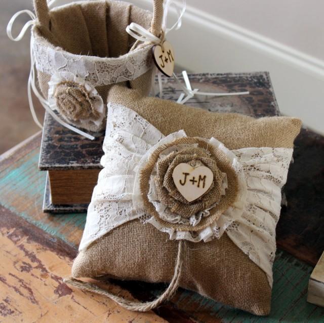 Flower Girl Basket And Ring Bearer Pillow SET BURLAP And LACE Vintage