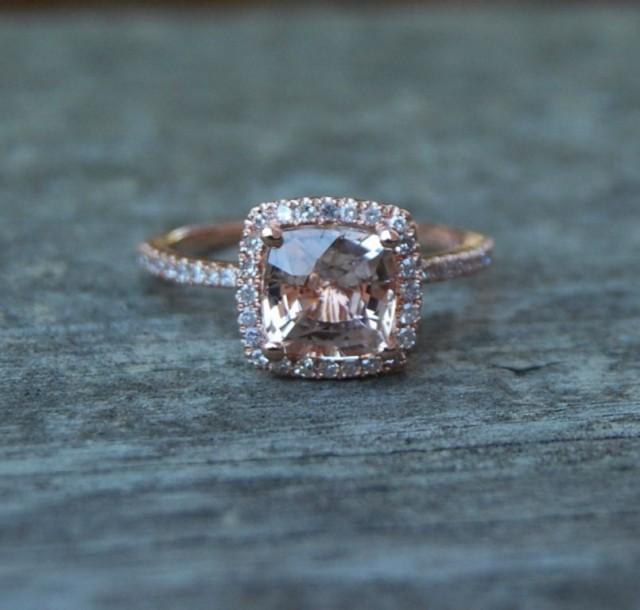 Rose Gold Engagement Ring. Peach Pink Sapphire Ring. 1.72ct Cushion