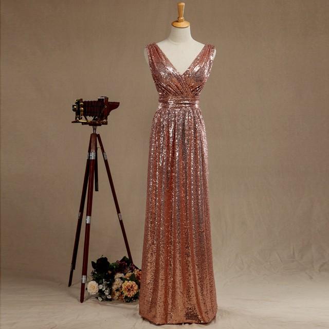 2016 Rose Gold Bridesmaid Dress Long Gold Sequin Wedding Dress Sequin Prom Metallic Sparkle 7434