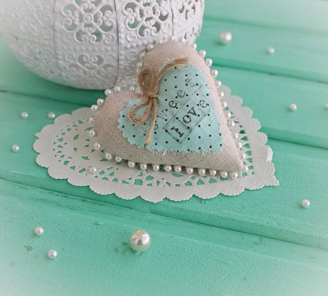 Linen Heart Ornament Romantic Mint Hearts Ready To Ship. 2500012