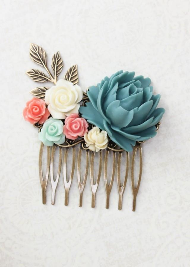 Blue Rose Comb Coral Rose Floral Comb Country Wedding Hair Comb Flower