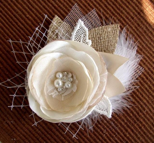 Rustic Hair Flower Clip Ivory Champagne Burlap Hairpiece Bridal Fascinator Burlap Lace 6983