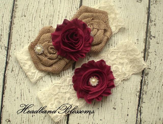 MAROON Bridal Garter Set - Keepsake & Toss Garters - Burlap Chiffon Flower Pearl Lace Garters