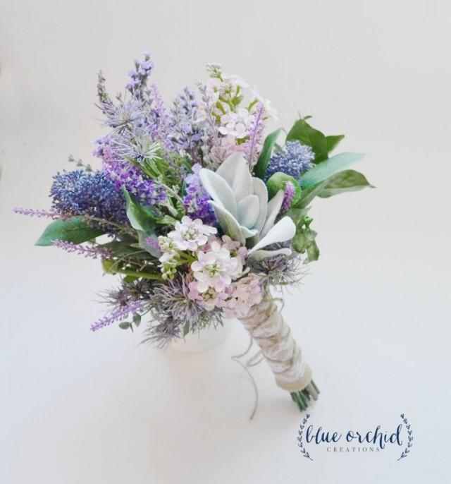 Lavender And Lilac Wildflower Bouquet With Lamb's Ear, Rustic Wedding