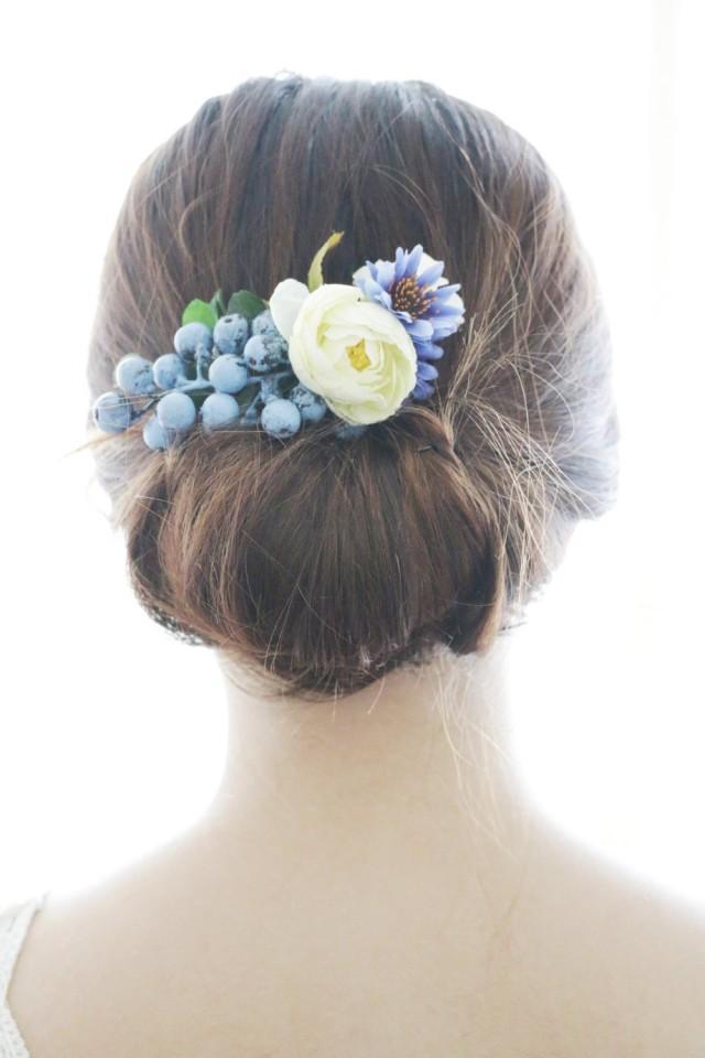 Bridal Hair Accessory, Blue Daisy & Blueberries, Bridal Hair Comb