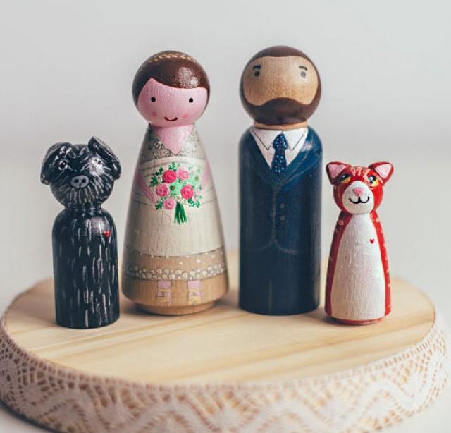 Custom Wedding Cake Toppers Peg Dolls Rustic Decor Bride Groom Personalised Dog