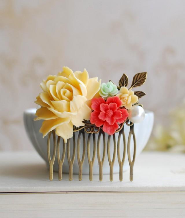 Wedding Hair Comb Ivory Rose Coral Mint Flower Hair Comb. Vintage Style