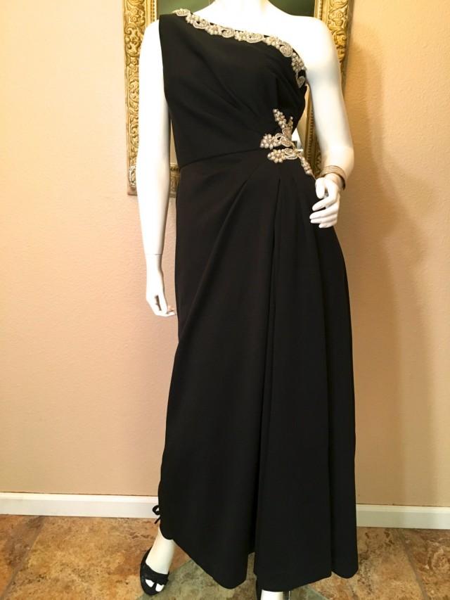 Vintage 1960s Black Beaded Evening Gown. Old Hollywood One Shoulder 30s
