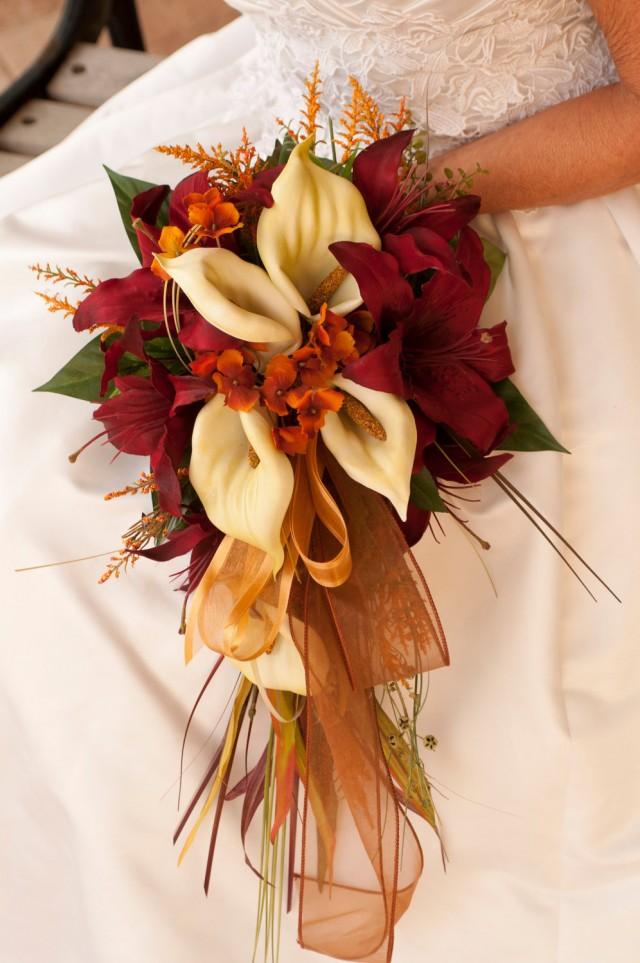 Bride Fall Wedding Bouquet Ivory Orange Red Rose And Calla Lily 20 Piece Set Plus Arrangement 