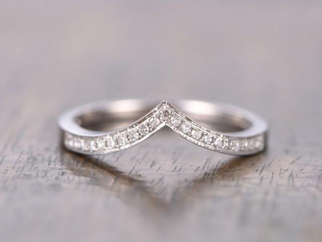 14K White Gold V Wedding Band Chevron Wedding Band,V Wedding Band - Chevron Wedding Band With Engagement Ring