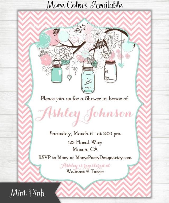 Baby Shower Invitation Mint Green Pink Chevron Mason Jars Flowers Sprinkle Bridal Wedding Birthday Party Printable Evite Weddbook