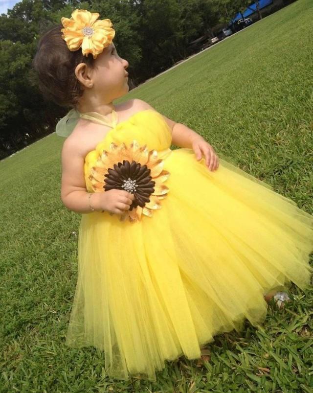 Yellow Gold Tulle Sunflower Flower Girl Dress With Belt