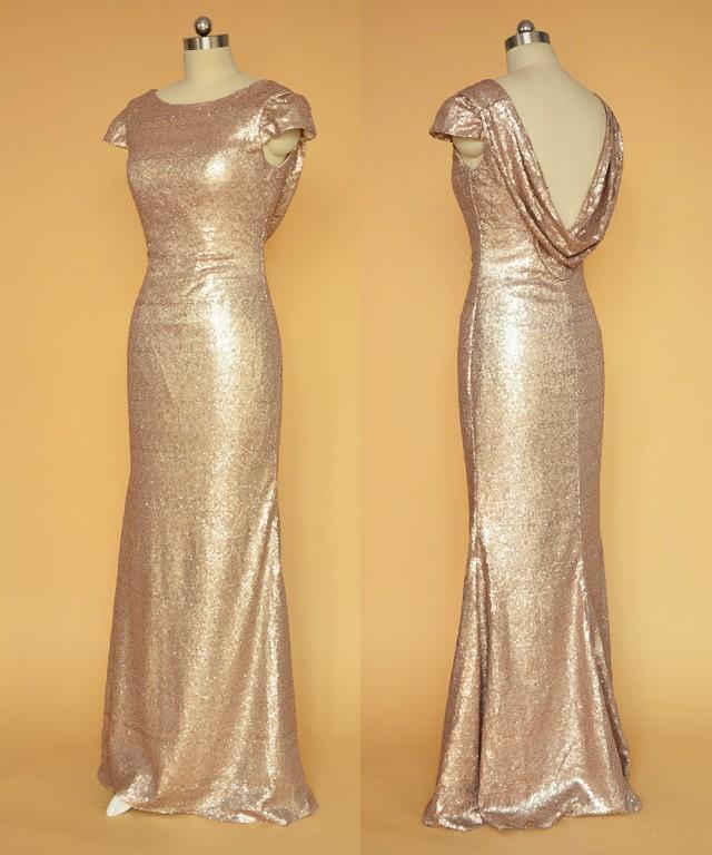 Champagne Sequin Bridesmaid Dress Long Cowl Back Prom Dresses Floor