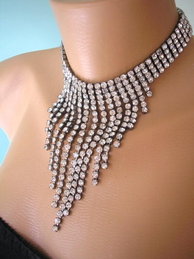 Crystal Necklace Statement Necklace Great Gatsby Jewelry Rhinestone Bib Diamante Waterfall